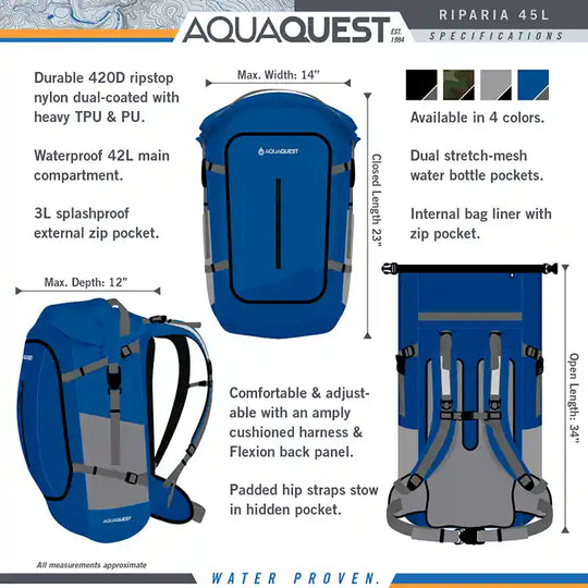 Riparia Backpack 45L Waterproof Backpacks   AquaQuest Waterproof